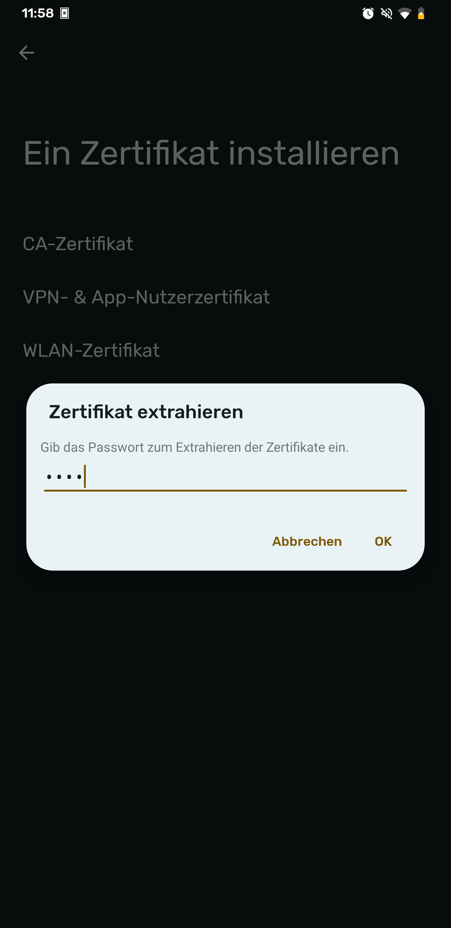 Screenshot des Dialogs „Zertifikat extrahieren“